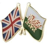 United Kingdom & Wales Friendship National Flag Enamel Metal Pin Badge Diplomat Lapel - 2.4cm x 1.9cm - Hard Enamel Crossed Flags Lapel Badge - Union Jack and Welsh Dragon