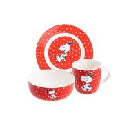 United Labels The Peanuts Snoopy 3-Piece Breakfast Set, Red with Dots, Porcelain Crockery Set with Plate Diameter 19 cm, Cup 220 ml and Bowl 330 ml