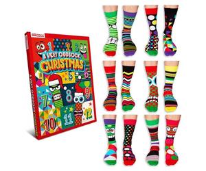 United Oddsocks A Very Oddsock Christmas - 12 Mix & Match Novelty Socks Advent Calendar for Men - UK Size 6-11, EUR 39-46, US 7-12 - Festive Calf-Length Gift Set with Bold Colours & Fun Characters