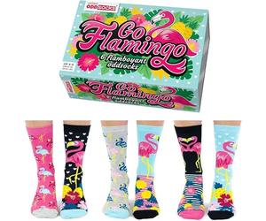 United Oddsocks Go Flamingo Gift Box - 6 Flamboyant Mismatched Socks | Women, Tropical Flamingo Designs - UK 4-8 EUR 37-42 US 6.5-10.5 - Colourful Mix & Match Sock Set - Cotton Rich