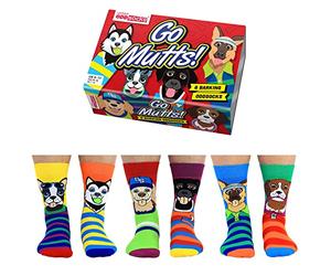 United Oddsocks Go Mutts Gift Box - 6 Barking Oddsocks for Men- UK 6-11 EUR 39-46 US 7-12 - Colourful Dog-Themed Novelty Socks Gift Box - Cotton Rich Crew Socks, Mix-and-Match Fun, Sock It to Cancer