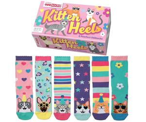 United Oddsocks Kitten Heels - 6 Colourful Cat-Themed Oddsocks Gift Set for Kids - UK Size 12-5.5, EUR 30.5-38.5, US 13.5-8 - Mix & Mismatch Fun Cat Socks in Gift Box - Cotton Rich & Breathable