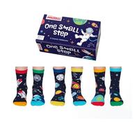 United Oddsocks One Small Step Gift Box, 6 Cosmic Odd Socks for Kids - UK 9-12, EUR 27-30, US 9.5-13 - Gift Set with Rockets, Planets & Space Designs, Colourful Mismatched Crew Socks for Boys & Girls