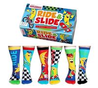 United Oddsocks Ride & Slide, 6 Speedy Banana-Themed Oddsocks Gift Box for Boys - UK 12-5.5, EUR 30.5-38.5, US 13.5-8 - Skateboard & BMX Fun Socks for Kids Who Love to Ride, Skate, and Go Bananas!