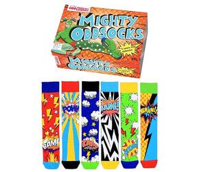 United Oddsocks The Mighty Oddsocks Gift Box for Men - 6 Mismatched Comic Hero Socks - 15 Bold Combos - UK 6-11, US 7-12, EU 39-46 - Cotton Rich, Colourful & Hero-Inspired Gift Set