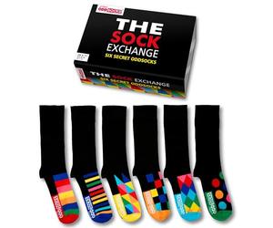 United Oddsocks The Sock Exchange Men's Odd Socks Gift Box - 6 Black Socks with Colourful Patterned Soles for Men, UK 6-11, EUR 39-46, US 7-12, Fun Business Mix & Match Socks Gift for Work, Birthdays
