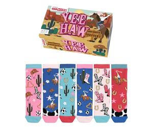 United Oddsocks Yee Haw Kids Gift Box - 6 Mismatched Cowgirl Socks - Boots, Cacti & Horses - 15 Combos - UK 12-5.5, US 13.5-8, EU 30.5-38.5 - Western Style, Colourful, Cotton Rich Socks for Girls