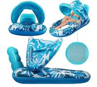 (United States) Inflatable Floating Bed with Sunshade Inflatable Water Sleeping Bed Floating Lounger Air Mattress for Swimming Pool Party