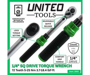 United Tools Torque Wrench Micrometer Style 1/4" Dr 5-25Nm Calibrated