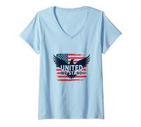 United We Stand American Flag Eagle Patriotic Emblem V-Neck T-Shirt, Women, Baby Blue, M
