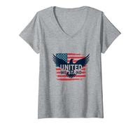 United We Stand American Flag Eagle Patriotic Emblem V-Neck T-Shirt, Women, Heather Grey, M