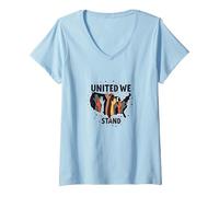 United We Stand: Diverse America Unity V-Neck T-Shirt, Women, Baby Blue, XL