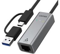 Unitek Adapter USB-A/C NA RJ45 2.5 G Ethernet | U1313C | Wtyk USB-C i Adapter USB-A | Obsługa 10/100/1000/2500 Mbps Ethernet | Aluminium Alloy Housing | Cable Length: 30 cm | Colour: Space Grey