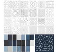 Unittype 12 Pcs 24 Style Plastic Sashiko Stencil DIY Kit 4.7 Inch Drawing Line Quilting Template Embroidery Pattern Stabilizer with 20 Pcs Denim Fabric 24 Vibrant Color Thread for Hand Quilting Sewing