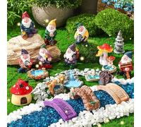 Unittype 19 Pcs Gnome Garden Accessories Tiny Fairy Gnome Figurines Miniature Bridge Mushroom Lighthouse Water Well Pond Resin Garden Decorations Miniature Figurines for Craft