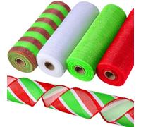 Unittype 5 Rolls Christmas Red Green 30 Feet Each Roll Poly Burlap Mesh with Ribbon 10 Inches for Day Party Gift Wrapping DIY Crafts, Style