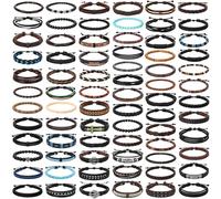 Unittype 80 Pcs Braided Leather Bracelets for Men Women Wrap Wood Beads Cuff Bracelet, Hemp Cords Ethnic Tribal Handmade Wrap Wristband Bracelets Set Adjustable