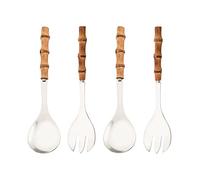 Uniturcky Serving Spoon and Fork Set, 304 Stainless Steel Serving Utensils with Natural Bamboo Handle, 10" Long Handle Serving Set for Kitchen Party Buffet, 4 Pieces / 2 of Each