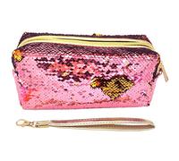 Uniuooi Glitter Cosmetic Bag Mermaid Spiral Reversible Sequins Portable Double Color Students Pencil Case for Girls Women Purse Make Up Pouch with Detachable Handle Strap Zip Closure (Pink)