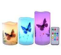 UNIVELA Candles Set of 3 Flameless 4" 5" 6" Unscented Tealight Butterfly Flower Plants Decor Real Wax Pillar Candle Led Lights 12 Color Changing 4H 8H Timer Remote Control AAA Batteries Operated