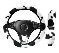 Universal 3pcs Fluffy Cow Print Steering Wheel Cover Set Winter Warm Plush Steering Wheel Cover with Handbrake Cover Gear Cover