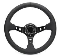 Universal 6 Bolts Racing Steering Wheel 320mm 12.5" Black Genuine Leather Grip Aluminum Frame Deep Dish Sports Drifting Steering Wheel with Horn Button