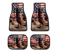 Universal American Flag with Cowboy Boots Car Floor Mats Set of 4 All-Weather Heavy Duty Polyester Auto Carpets with Anti-Slip Nibbed Backing Waterproof Front & Rear Liners for Cars Suvs Trucks Vans