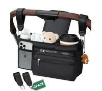 Universal Baby Pushchair Organiser with 2PCS Buggy Clips, 2 Insulated Cup Holder, Detachable Bag, Adjustable Shoulder Strap, Large Capacity for Baby Essentials, Compact Design Fits Most Stroller
