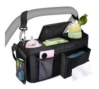 Universal Baby Stroller Organizer with Insulated Cup Holders, Adjustable Pushchair Stroller Caddy with Phone Bag & Shoulder Strap, Detachable Zippered Pocket Accessories Fits Any Pram Handlebar, Black