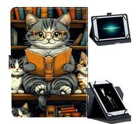 Universal Case for 7-9" Tablet -for Fire HD 8/Galaxy Tab A7 Lite/iPad mini/Lenovo M8 Tablets 360° Rotating Stand & Multiple Viewing Angles PU Leather Protective Cover,Gray Cat Reading