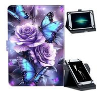 Universal Case for 7-9" Tablet -for Fire HD 8/Galaxy Tab A7 Lite/iPad mini/Lenovo M8 Tablets 360° Rotating Stand & Multiple Viewing Angles PU Leather Protective Cover,Roses Blue Butterflies