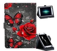 Universal Case for 7-9" Tablet -for Fire HD 8/Galaxy Tab A7 Lite/iPad mini/Lenovo M8 Tablets 360° Rotating Stand & Multiple Viewing Angles PU Leather Protective Cover,Red Butterflies and Roses