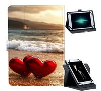 Universal Case for 9-10.5" Tablet -for Fire HD 10/iPad 10.2/Galaxy Tab T580/A8 2022 Tablets 360° Rotating Stand & Multiple Viewing Angles PU Leather Protective Cover,Two Red Hearts On The Beach