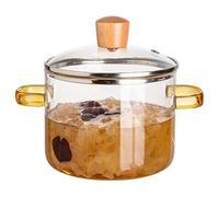 Universal Clear Glass Simmer Pot with Lid - 1.6L Dual Handle, Microwavable & Oven Safe for Cooking Soup, Milk, Porridge - Yellow Handle