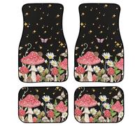 Universal Fit All Weather Black Cute Car Floor Mats for Women Textured Rubber Back Daisy Flower Butterfly Mushroom Car Mats Durable Nonslip Soft Heavy Duty Auto Floor Mats for Sedan Truck Suv Vehicles