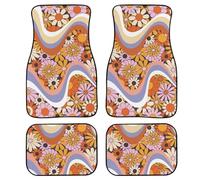 Universal Fit All Weather Orange Cute Car Floor Mats for Women Textured Rubber Back Vintage Hippie Style Line Floral Car Mats Nonslip Soft Heavy Duty Auto Floor Mats for Sedan Truck Suv Vehicles