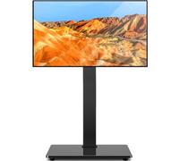 Universal Floor TV Stand Base with Swivel Height Adjustable Mount for 32 37 43 47 50 55 60 65 70 Inch Plasma LCD LED OLED Flat or Curved Screen TVs, Black Tempered Glass Base for Media Storage