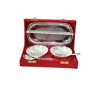 Universal Hub® Annaprashan Bowl with Tray and Spoon Set of 5 Pcs Silver Plated Baby First Feeding Serving Set Indian Crafts Serving Plates Round Dinnerware Bowl with Decorative Box Religious Gifts