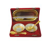 Universal Hub® Annaprashan Set Mini Bowl with Tray and Spoon Set of 5 Pcs Silver Plated Brass Serving Utensils Baby First Feeding Serving Set Indian Crafts Annaprashan Toddler Hindu Gifts