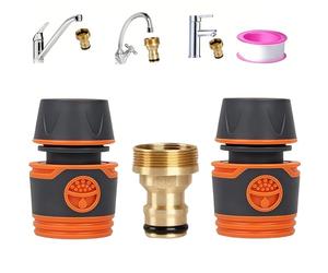 Universal Kitchen Tap to Garden Hose Connector Set, 22mm Male & 24mm Female Thread Brass Tap Adapter + 2 Quick Connect Hose Fittings with PTFE Tape, Indoor Sink Basin Tap to Water Pipe Quick Coupler