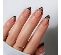 Universal Nude Base Color Press On Nails Short False Nails with Leopard Print Accents Tips Fake Stick On for Women Elegant Touch Almond Tips French (Chic Cheetah Mani)
