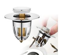 Universal Pop-Up Bath & Sink Plug Replacement-Corrosion-Resistant Brass Drain Stopper with Push-Type Operation, No Overflow Design, Hair Catcher, and Elegant Brushed Finish (26mm-44mm)