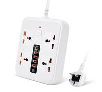 Universal Power Strip UK, 4 Way Multi Outlets with 1 PD 20W USB-C + 1 QC3.0 USB-A + 4 USB-A, Overload Protected Extension Lead with Master Switch, Wall Mounted Extension Socket for Home Office Kitchen