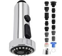 Universal Pull Down Kitchen Faucet Spray Head, 3 Function Kitchen Sink Sprayer Replacement Nozzle, 10 Adapters Compatible with Moen Delta American Standard Faucet, Industrial Style-Chrome