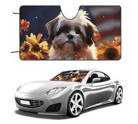 Universal Shih Tzu Dog and Flowers Car Windshield Sun Shade Foldable 55"x30", Reflective Sunshade with Suction Cups, UV Blocking Front Window Cover for Truck SUV Sedan, Keeps Vehicle Interior Cool