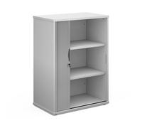 Universal single door tambour cupboard 1090mm high with 2 shelves - white with silver door