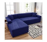 Universal Stretch Sofa Cover for 3-Seater & 4-Seater Left Corner Couch Slipcover Navy Blue Solid Color with Checkered Pattern Polyester Fabric