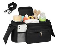 Universal Stroller Organizer with Insulated Cup Holder - Detachable Phone Bag & Shoulder Strap, Fits for Stroller Like Uppababy, Baby Jogger, Britax, BOB, Umbrella and Pet Stroller (Black) (Black)
