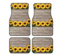 Universal Sunflower Wooden Print Car Foot Mat 4-Piece Set â€“ Stylish Rubber Automotive Floor Mats for SUV Sedan Van Truck