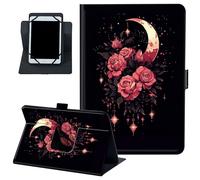 Universal Tablet Case 10.6-11 Inch, PU Leather 360° Rotating Folio Stand Cover with Multi-Angle Viewing for 10-11" Tablets,Pink Roses and a Crescent Moon